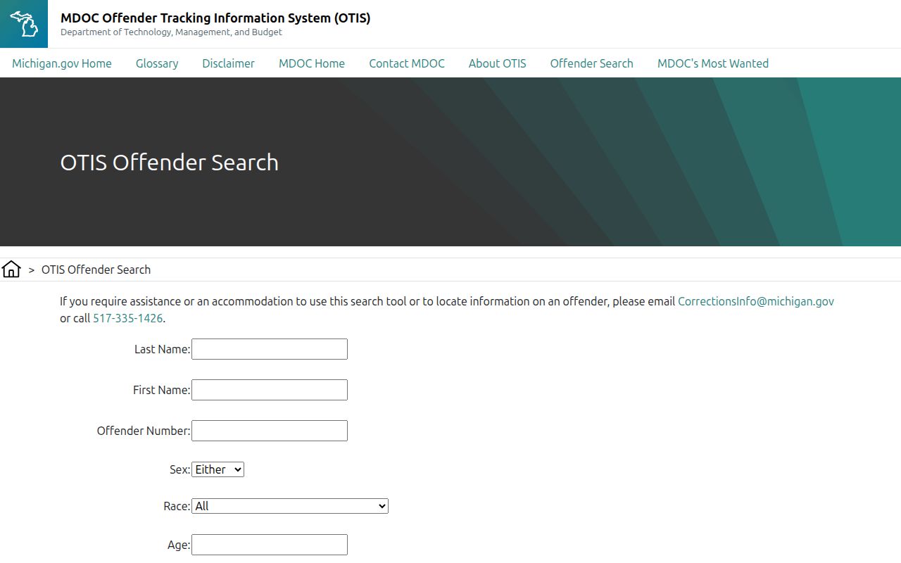 Michigan OTIS fields for Kalkaska County released inmate searches